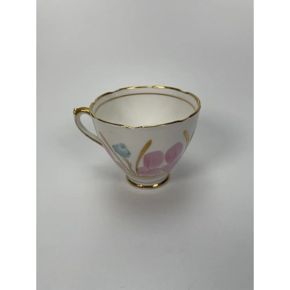 T.F & S LTD Phoenix Bone China England White Pink Flower Gold Tea Cup Saucer Set